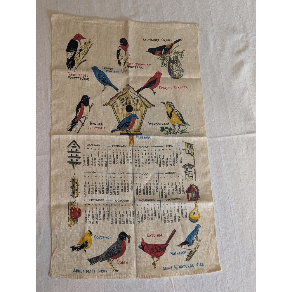 1970 Tea Towel North American Bird Illustrations + Calendar